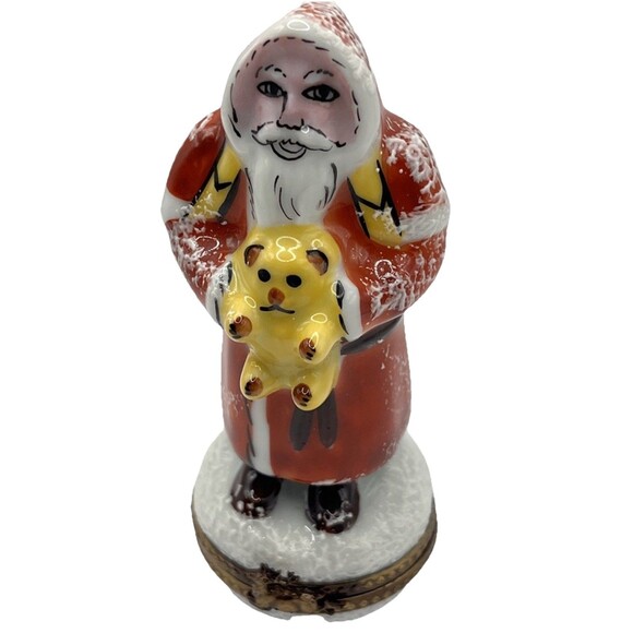 Limoges France Peint Main Ltd Ed Signed Santa w/Bear Trinket Box Wreath Clasp - Picture 2 of 8